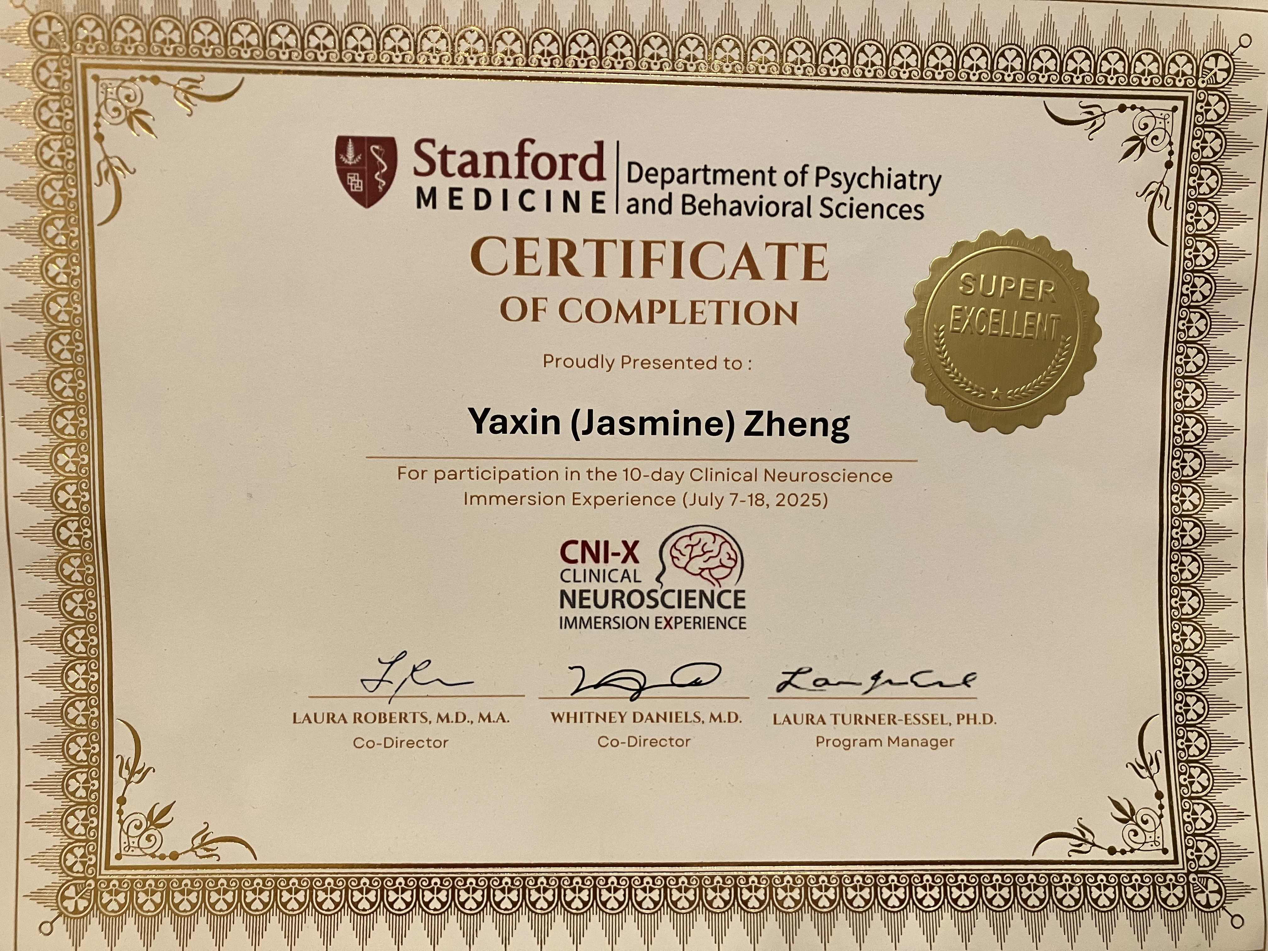 Stanford Clinical Neuroscience Immersion Experience certificate